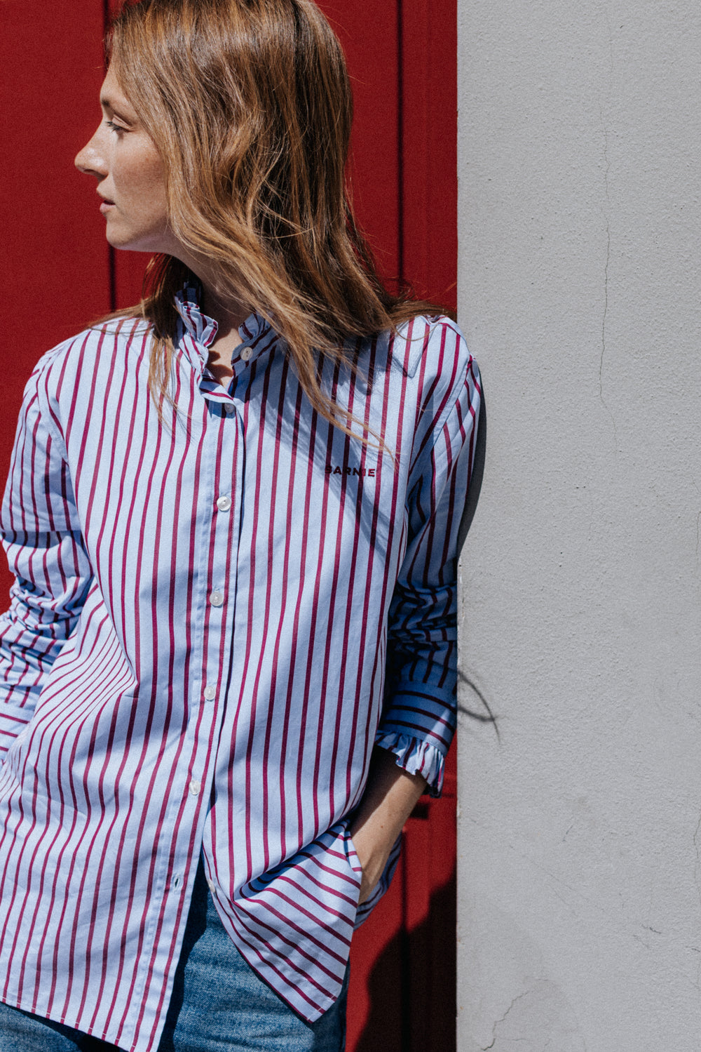 Jasmine sky blue shirt with burgundy stripes