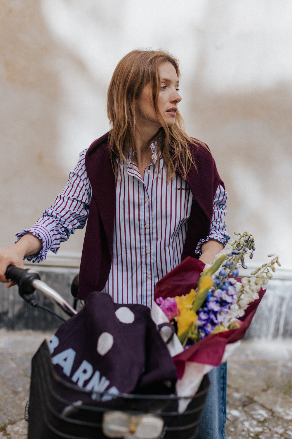 Jasmine sky blue shirt with burgundy stripes