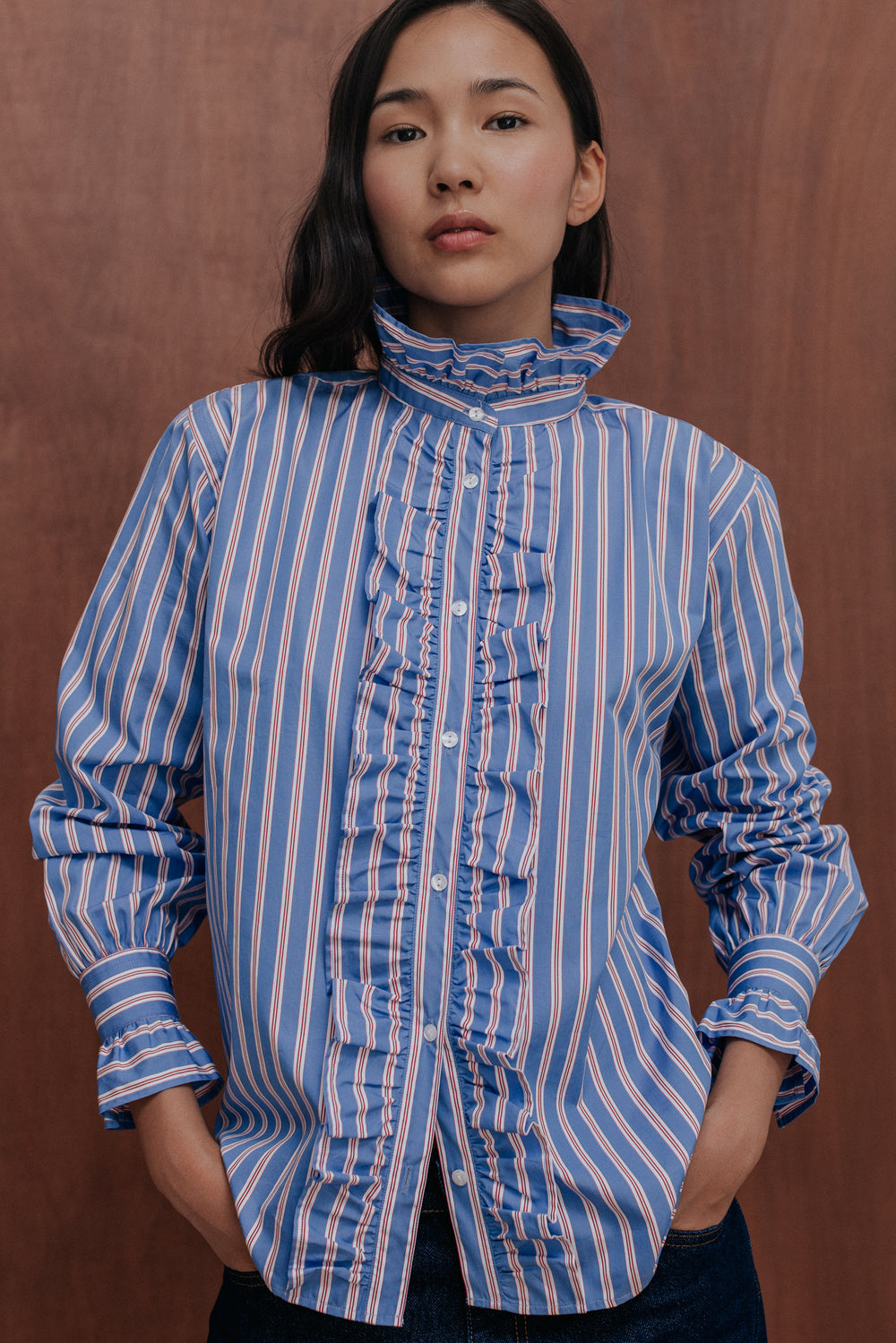 Chemise Marilou bleu ciel rayures rouges