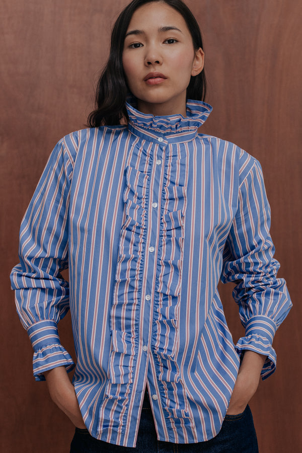 Marilou shirt in sky blue with red stripes