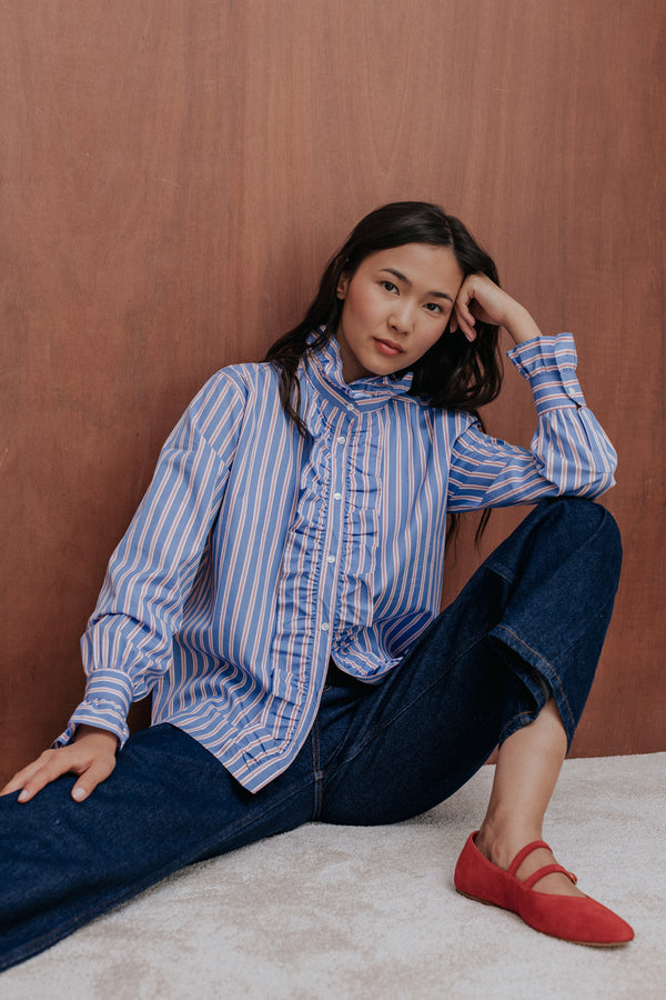 Marilou sky-blue shirt with red stripes