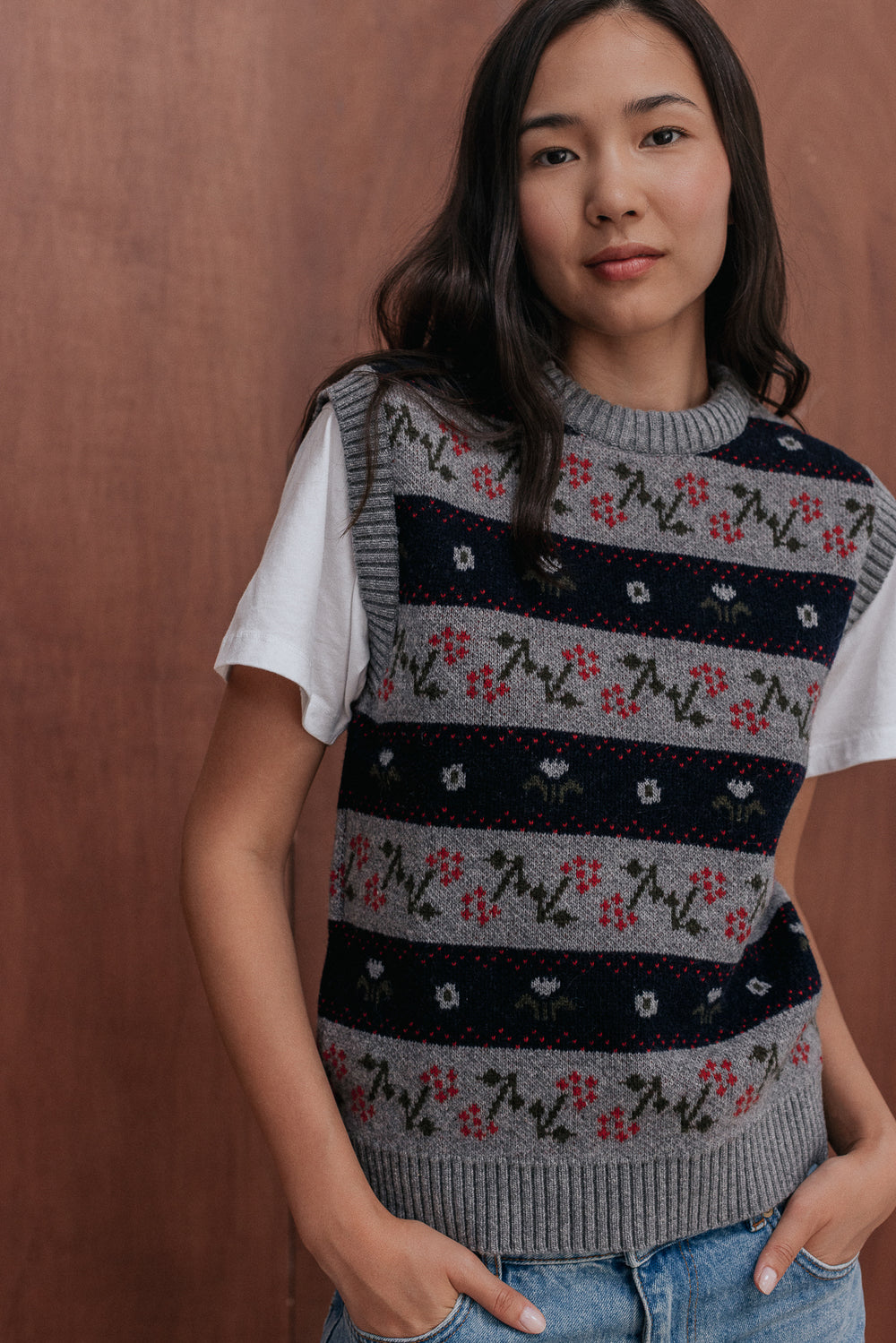 Pull sans manches Anne jacquard fleurs