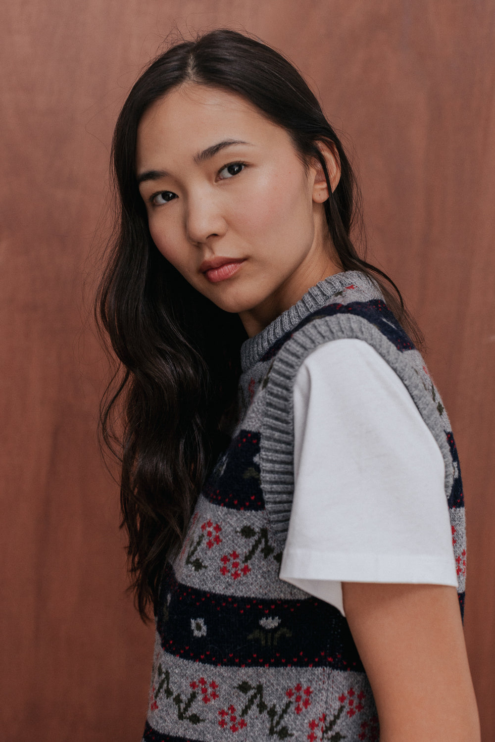Pull sans manches Anne jacquard fleurs