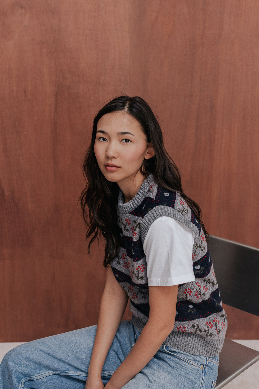 Pull sans manches Anne jacquard fleurs