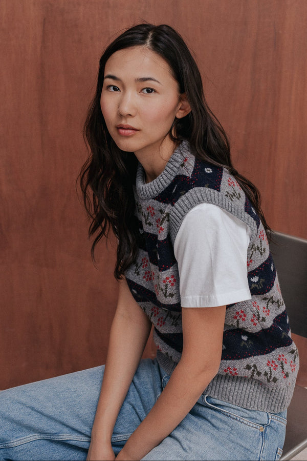 Pull sans manches Anne jacquard fleurs