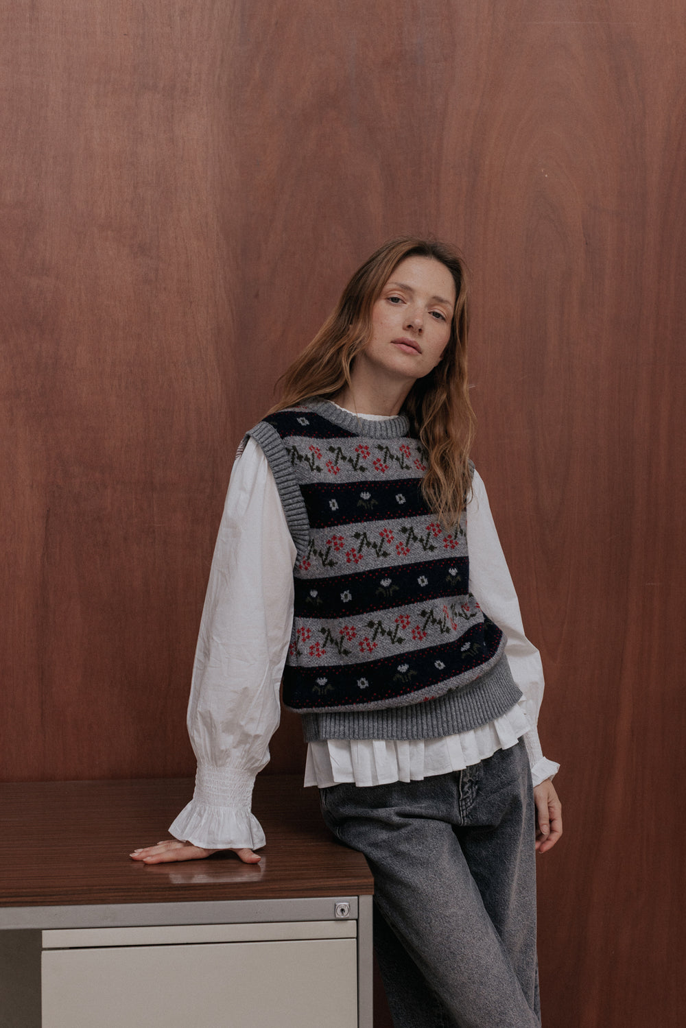 Pull sans manches Anne jacquard fleurs